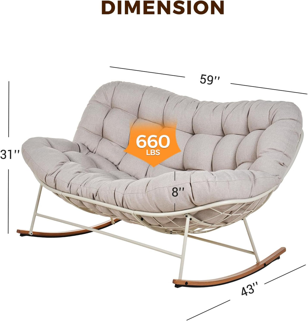 Grand patio Rocking Chair Outdoor, Oversized Rocking Chair for 2 with E-Coated Steel Frame and Thick Cushion, Comfy Papasan Loveseat Rocker for Patio Porch Deck