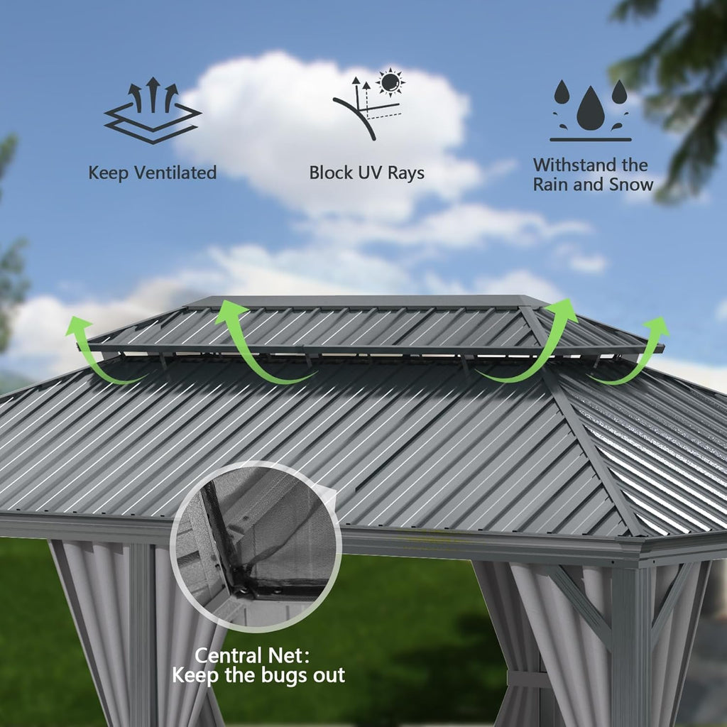 Domi 10x12FT Outdoor Gazebo, Hardtop Gazebo with Galvanized Steel Double Roof, Metal Gazebos with Drainage System Patio Pergola for Patio Deck Backyard,Curtain and Netting,Gray