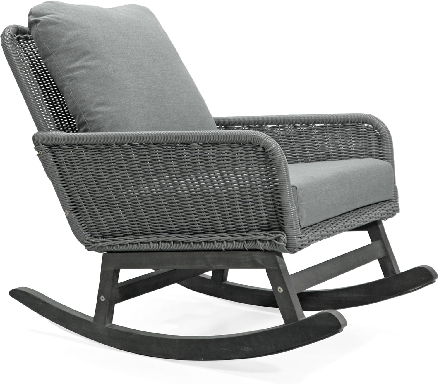 Christopher Knight Home Nadine Patio Rocking Chair, Wicker Rocker, Wood Leg Rocking Chair, PE Rattan Wicker Chair, Rocking Chair with Cushions, Comfort Wicker Rocker for Backyard Balcony Porch, Gray