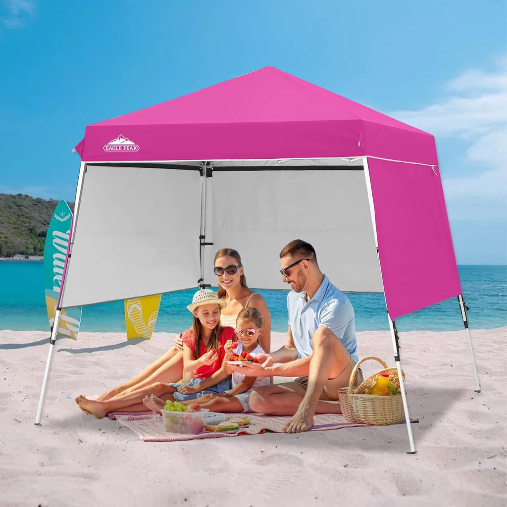 EAGLE PEAK Day Tripper 8x8 Aluminum Super-Lightweight Slant Leg Pop Up Canopy with 3 Removable Walls, Instant Outdoor Backpack Canopy Tent, Outside Beach Folding Sun Shelter, 8x8 Base 6x6 Top, Pink