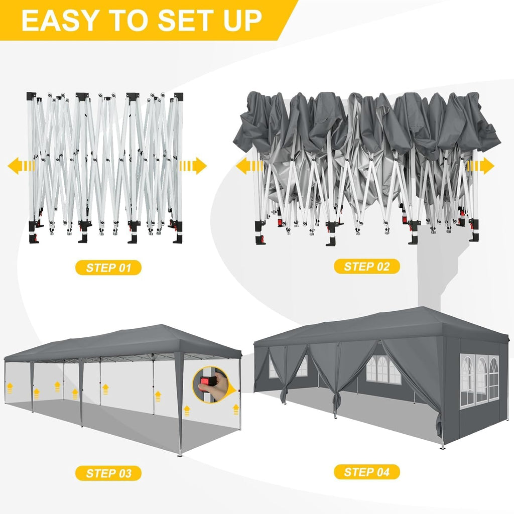 COBIZI 10x30 Pop Up Canopy with 8 Sidewalls for Parties Wedding Backyard, Waterproof Outdoor Commercial Event Shelter with Stakes, Ropes, Sandbags, Grey