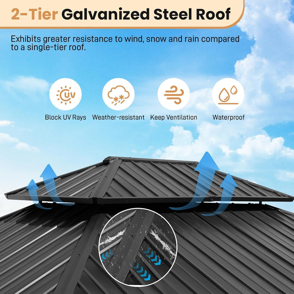 Aoodor 12 x 14 ft Wooden Frame Gazebo with 2-Tier Galvanized Metal Hardtop Roof, Outdoor Patio Gazebo with Charging Socket for Patio, Backyard, Deck, and Lawn