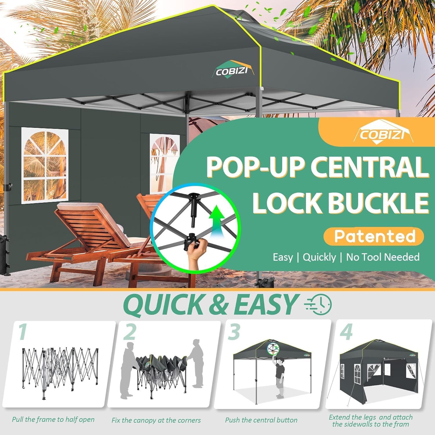 COBIZI 10x10 Pop up Canopy Tent with Sidewalls One Person Setup, Easy Outdoor Commercial Event Gazebo Shelter Enclosed Waterproof with Air Vent, 4 Sandbags for Garden,Party,Grey