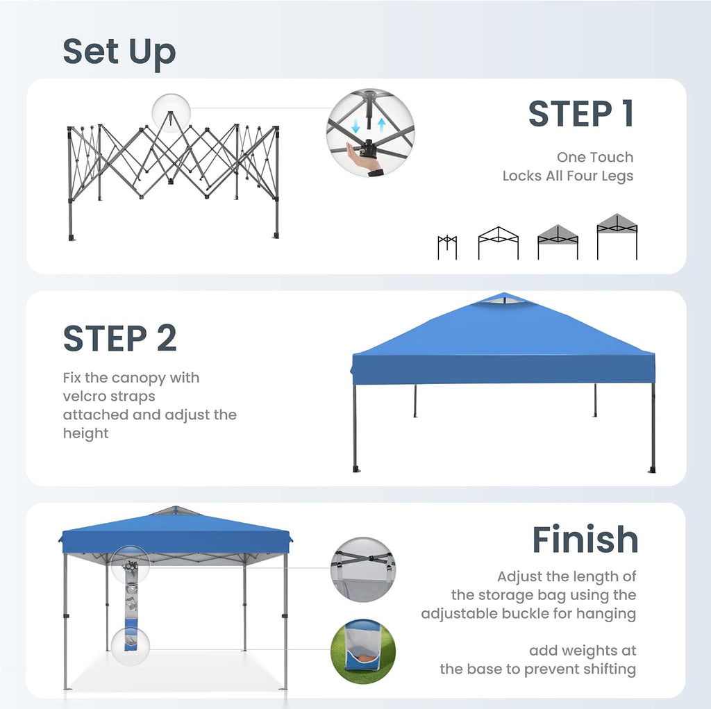 PHI VILLA 10x10 Pop Up Canopy Tent - One Push Setup, Instant Shade Tent with Vented Roof for Beach & Events - Includes Storage Bag, Sandbags, Stakes & Ropes (Blue)