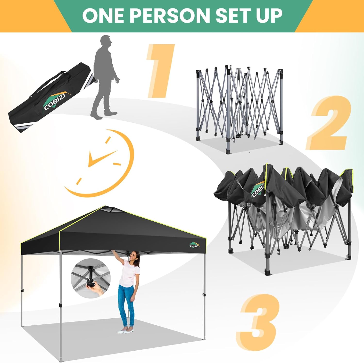 COBIZI 10x10 Pop Up Canopy Tent, Outdoor Party Tent with 4 Sidewall One Push Setup Glow, 3 Adjustable Height Air Vent Waterproof UPF50+, Bag, 4 Sandbag, 8 Stake, 4 Rope for Beach, Commercial