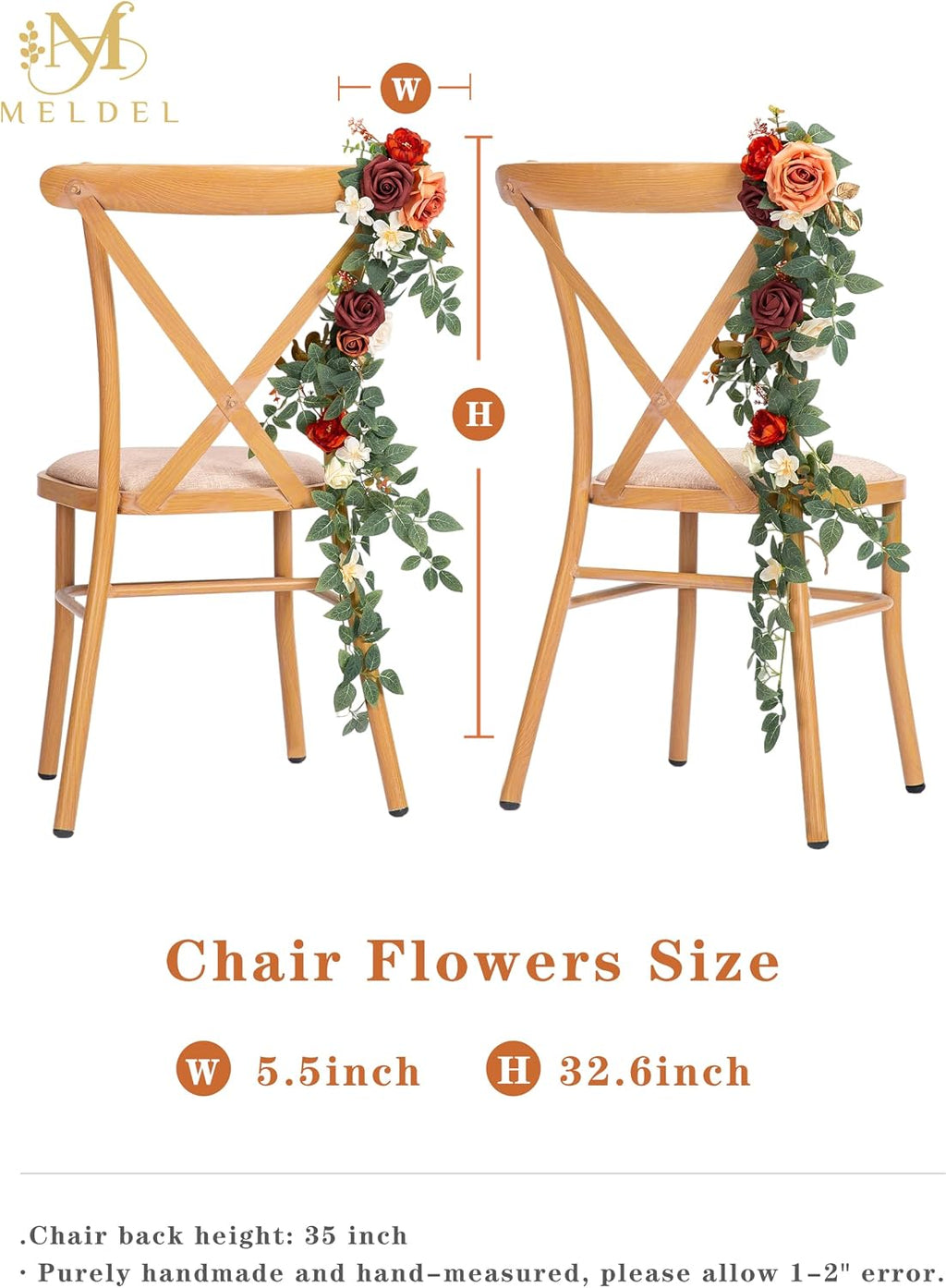 10pcs Wedding Chair Decorations Aisle Floral Swag Artificial Pew Flowers Hanging Garland Burgundy & Orange for Ceremony Reception Church Rose Floral Faux Arrangement Party Outdoor Garden Decor