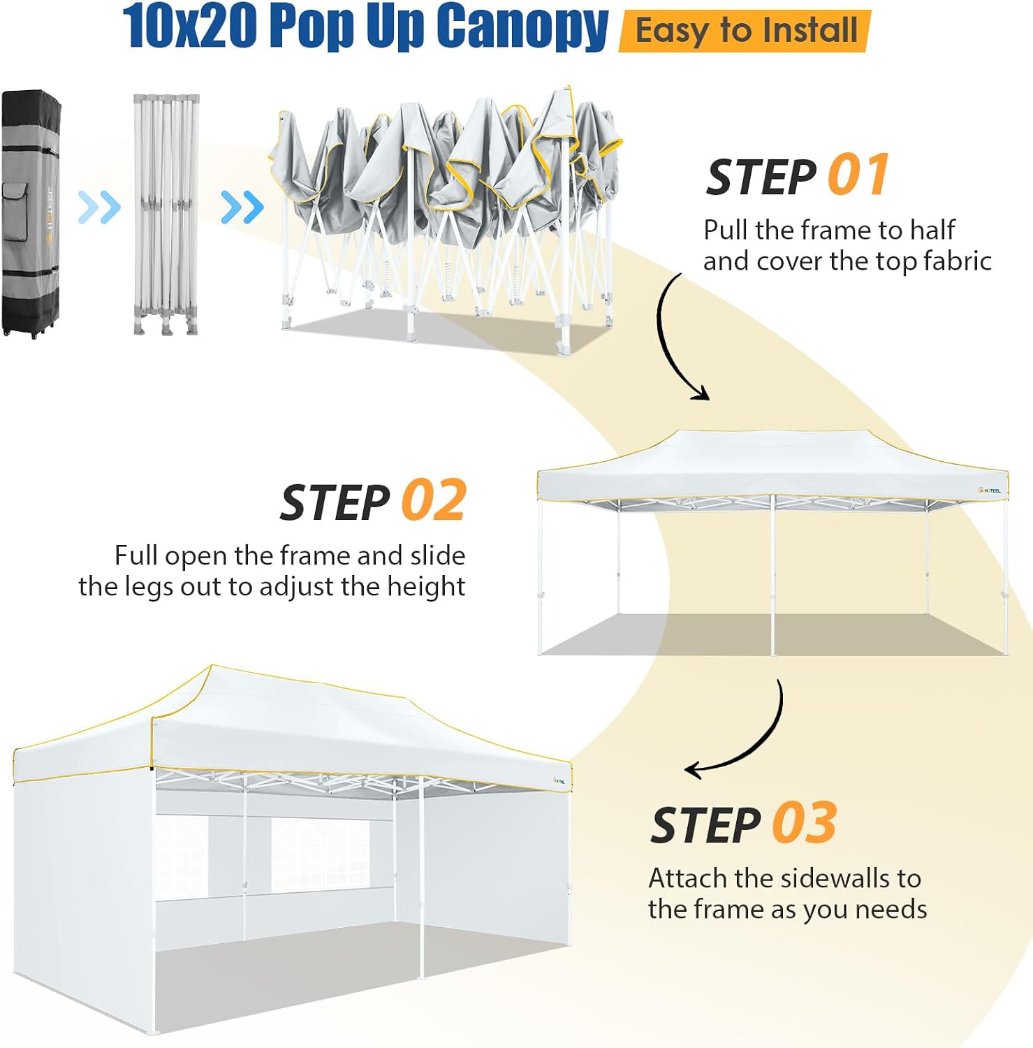 HOTEEL 10x20 Heavy Duty Pop Up Canopy Tent with 4 Sidewalls, Easy Setup Tent for Parties, Outdoor Commercial Instant Gazebo for Wedding Event, with Roller Bag & Sand Bags, White(Hexagonal Frame)
