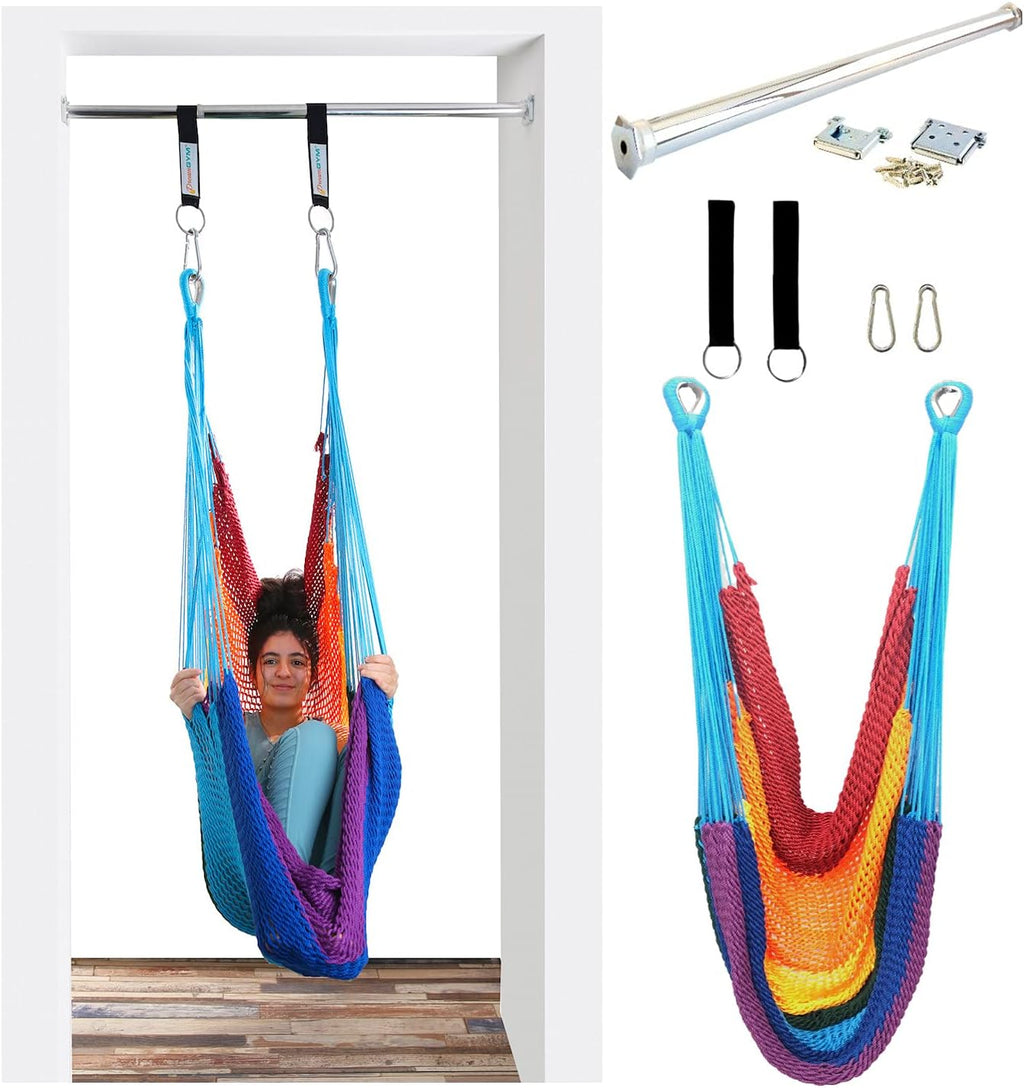 DreamGYM Doorway Hammock Swing - Hammock Chair with Stand in Door Frame- Sensory Swing for Adults and Children - Rainbow
