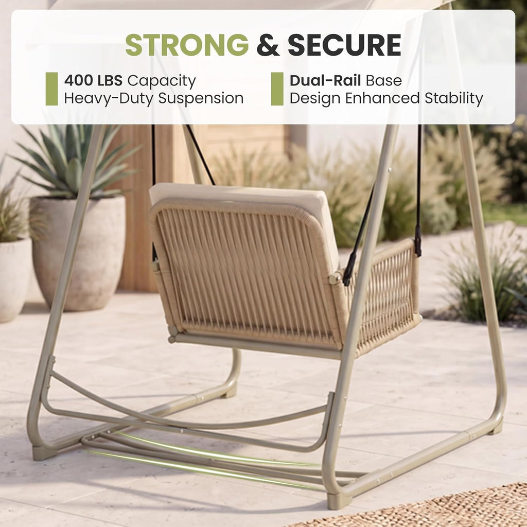 Porch Swing with Stand, Outdoor Swing with Canopy, All Weather Outdoor Swings for Adults, 400lbs Heavy Duty Porch Swings with Removable Cushions, Single Hanging Chair for Small Space, Beige