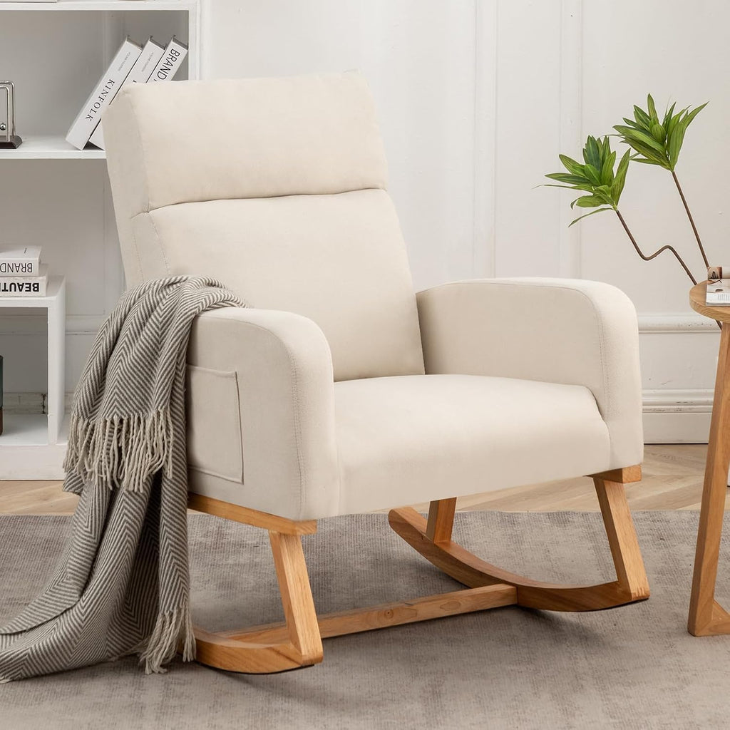 HCHAIRH Rocking Chair Nursery, Upholstered Nursing Rocker Chairs with High Backrest, Modern Glider Rocking Chair for Nursery Living Room, Bedroom, Cream
