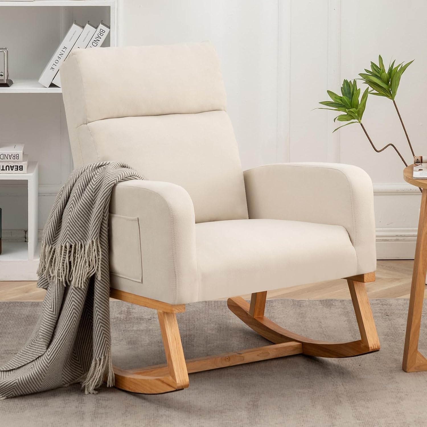 HCHAIRH Rocking Chair Nursery, Upholstered Nursing Rocker Chairs with High Backrest, Modern Glider Rocking Chair for Nursery Living Room, Bedroom, Cream