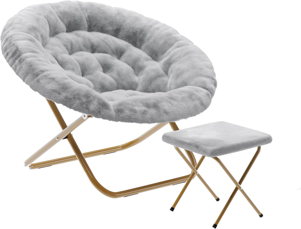 Flash Furniture Gwen Oversize Folding Saucer Chair with Ottoman, Faux Fur Moon Chair, Durable Steel Frame, for Dorm and Bedroom, 38', Gray/Soft Gold