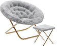 Flash Furniture Gwen Oversize Folding Saucer Chair with Ottoman, Faux Fur Moon Chair, Durable Steel Frame, for Dorm and Bedroom, 38', Gray/Soft Gold
