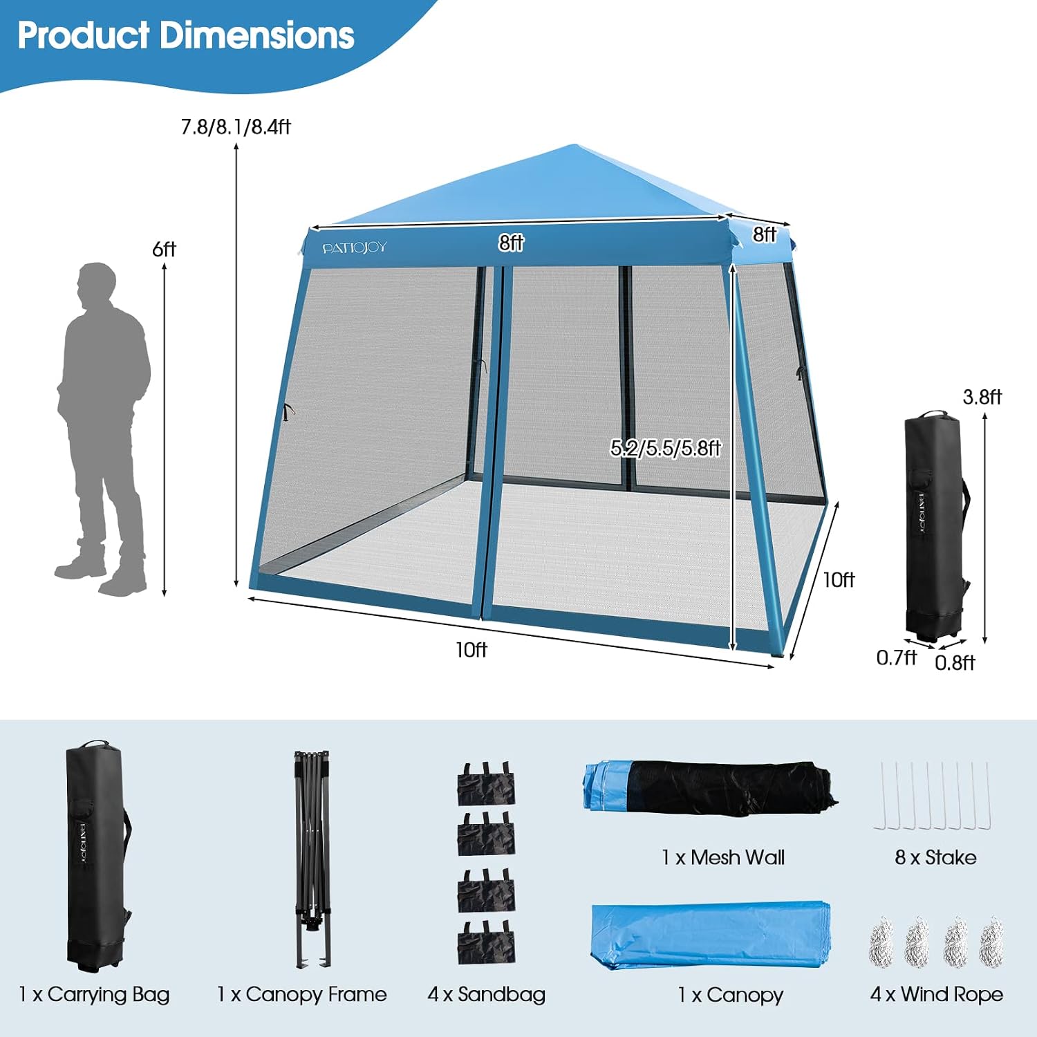 Tangkula 10x10 Ft Pop Up Canopy with Netting, Slanted Leg Outdoor Tent with Roller Bag, 4 Sand Bags, 8 Stakes, 4 Ropes, Instant Canopy Tent with Easy Set-up Center Lock for Patio (Blue)