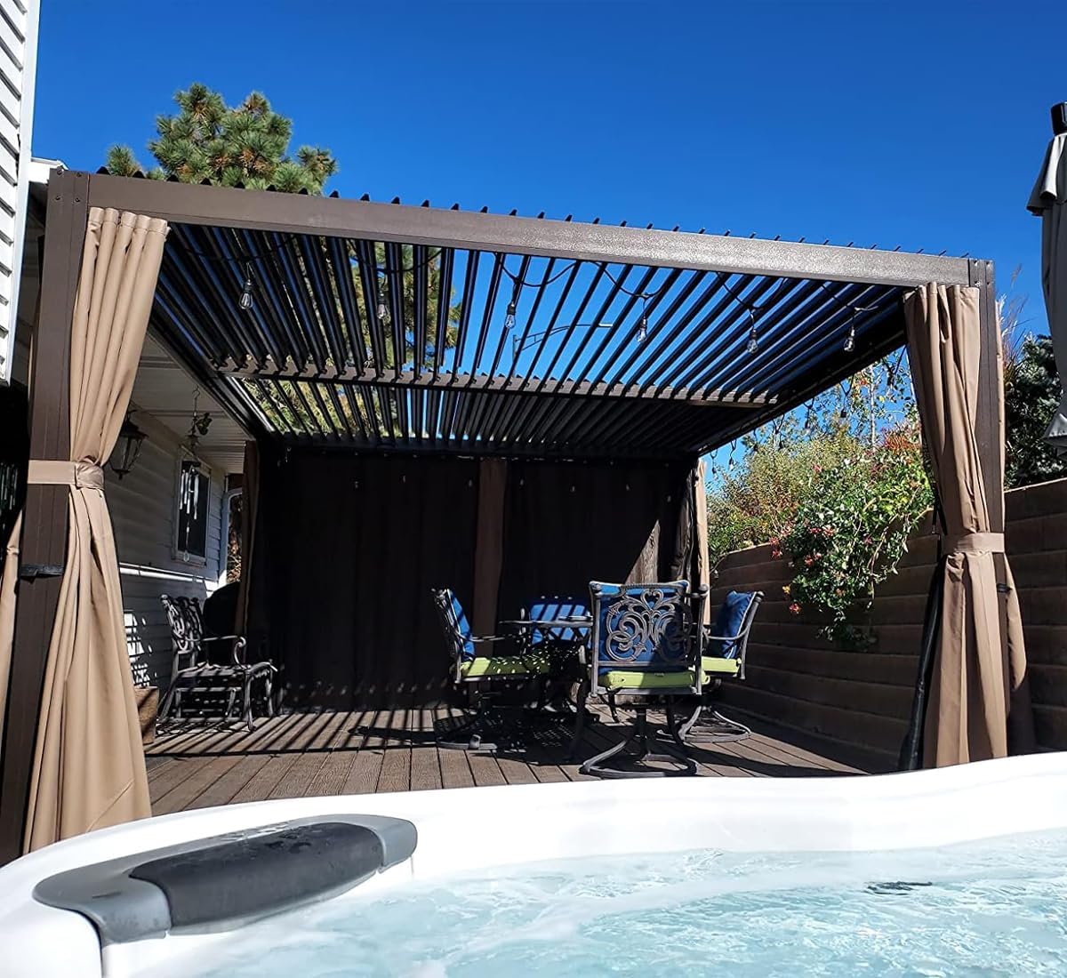 Domi 10x13FT Louvered Pergola Aluminum Structure Outdoor Pergola with Adjustable Roof Patio Pergola for Backyard Garden, Curtains and Netting, Dark Brown