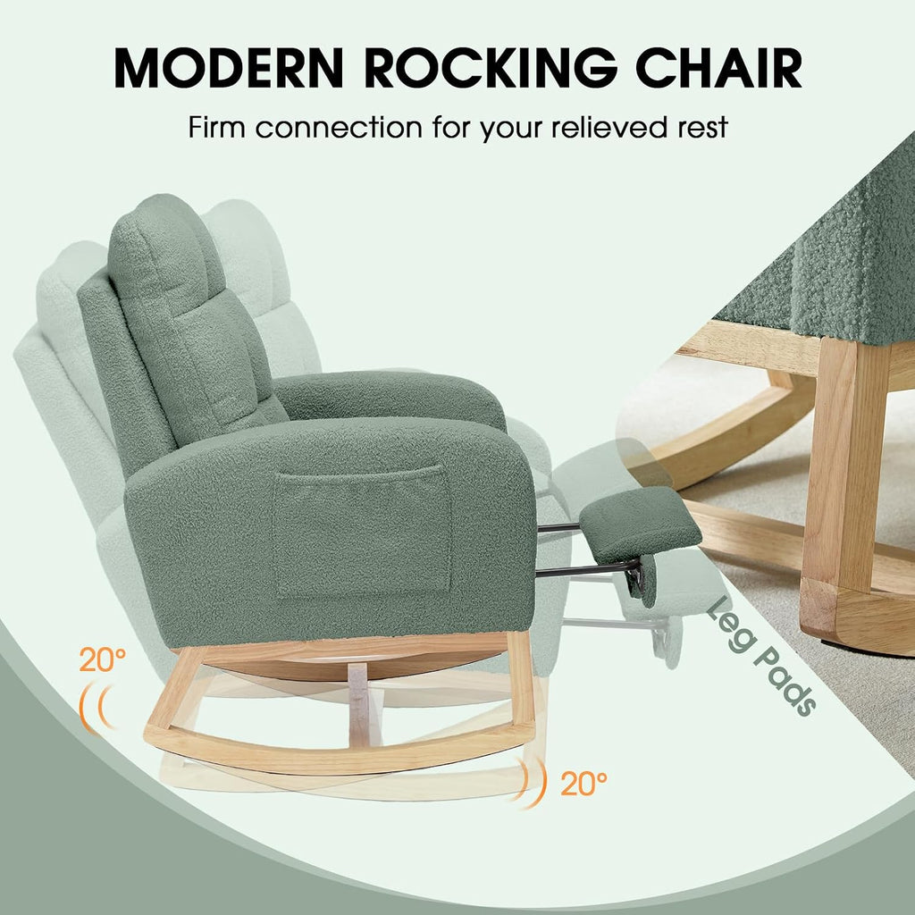 NIOIIKIT Modern Nursery Rocking Chair, Teddy Upholstered Rocking Chair with Footrest, Comfortable Rocker Chair with Side Pocket, Rocker Chair for Living Room, Bedroom, Nursing Room (Green)