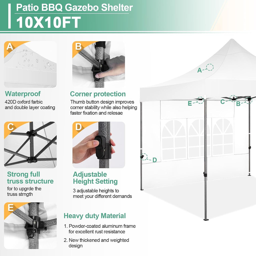 COBIZI 10x10 Pop Up Canopy with Sidewalls Heavy Duty Commercial Tent Easy Up Outdoor Canopy for Party, Wedding, Event and Backyard, All Season Windproof&Waterproof with Roller Bag UPF 50+, White