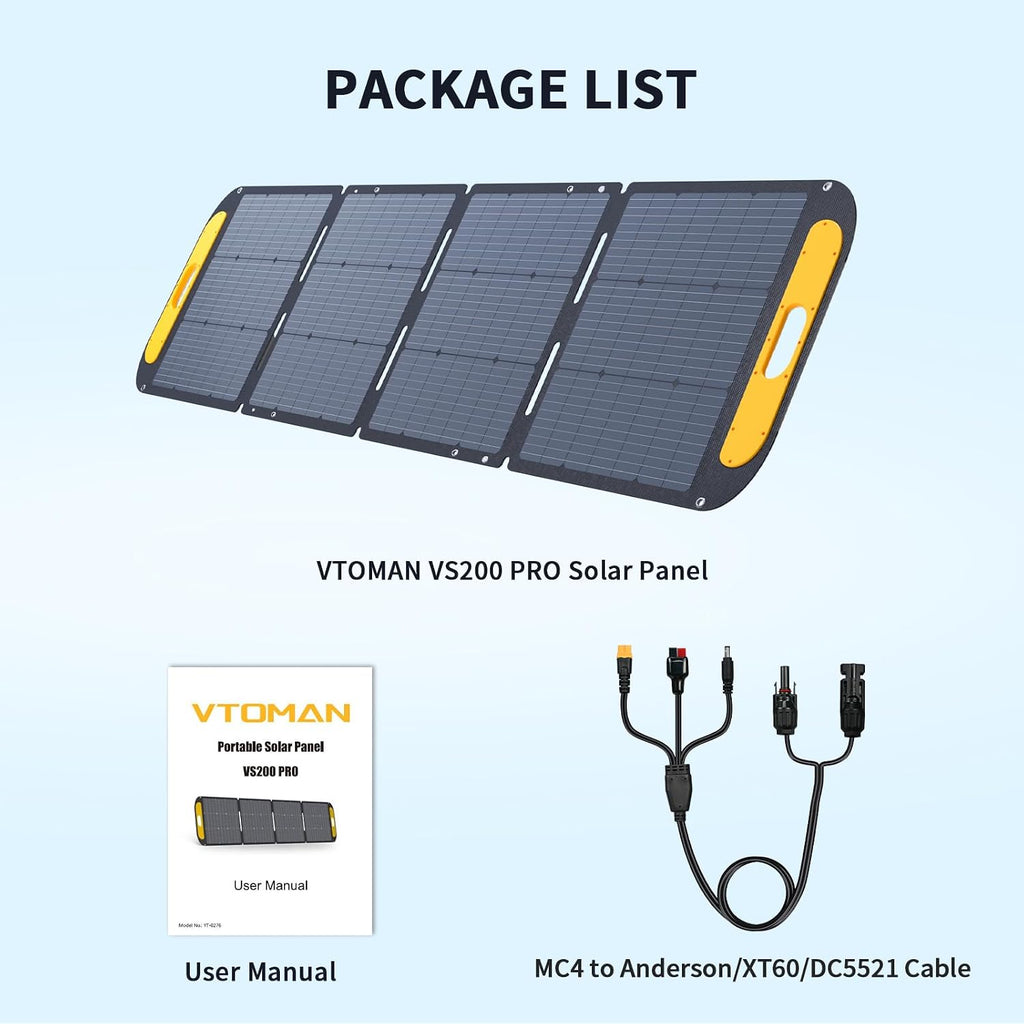 VTOMAN VS220 Pro Portable Solar Panel 220W 48V, 23% Efficiency Foldable Solar Panel w/ IP67 Waterproof & MC-4 Anderson XT60 DC5521 Adapters & Adjustable Kickstands, Off-Grid Power for Home & Camping
