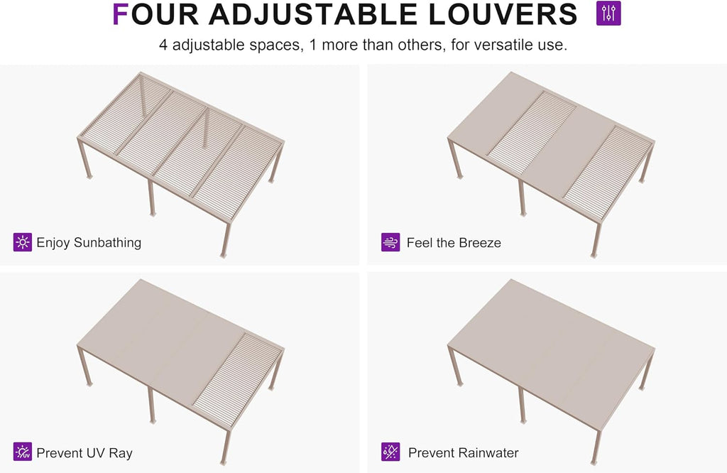 PURPLE LEAF Louvered Pergola 12' × 20' Outdoor Hardtop Gazebo Adjustable Aluminum Sun Shade for Deck Garden Backyard Patio Retractable Roof Canopy