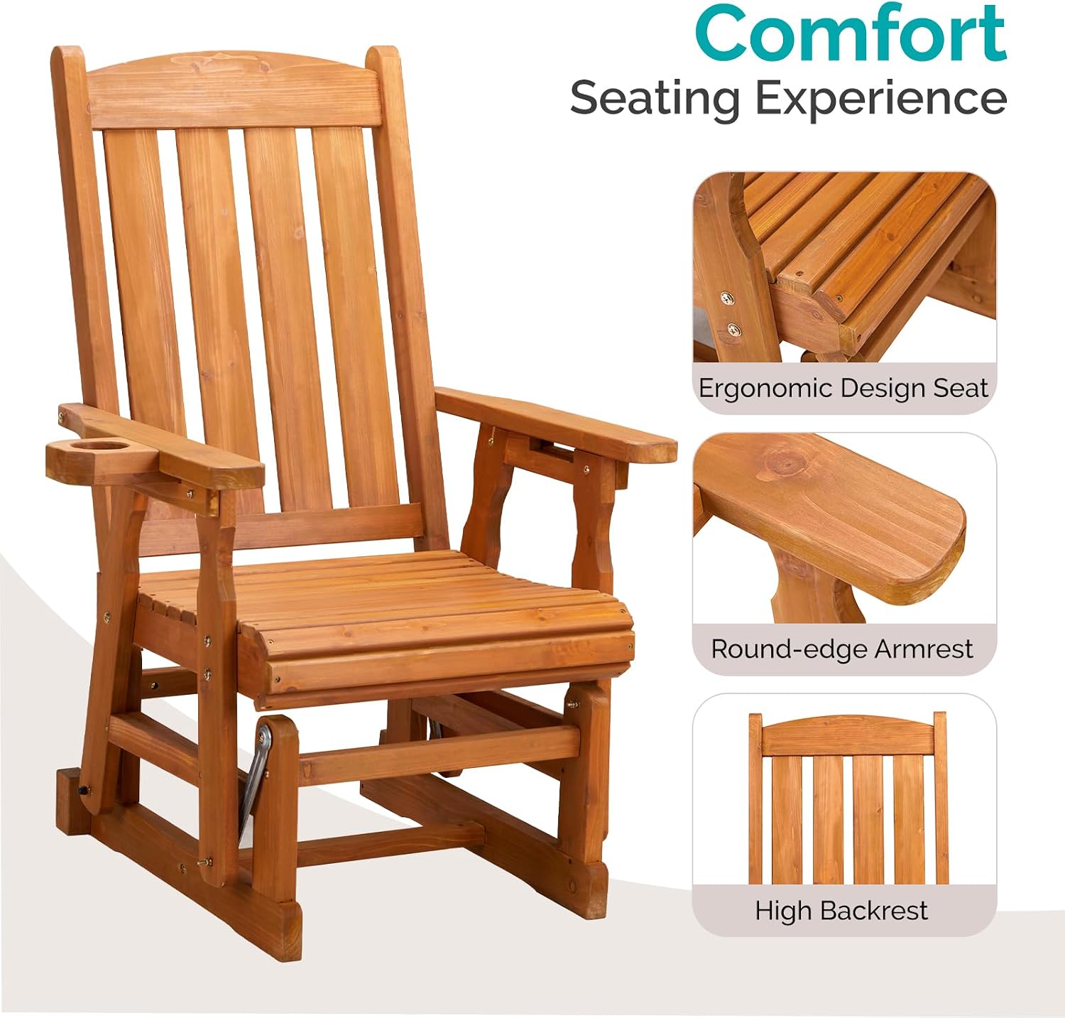 VINGLI Outdoor Glider Chair Wood Patio Glider with Cup Holder, Porch Glider with Smooth Rocking Mechanism, Heavy Duty 600 LBS