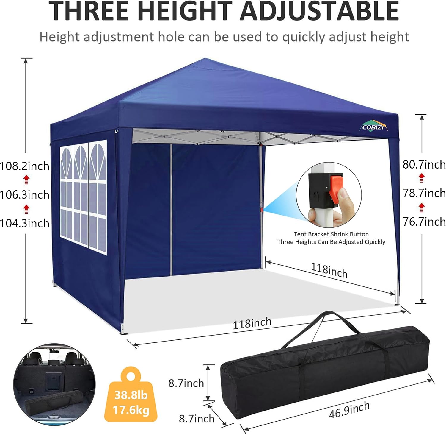 COBIZI 10x10 Pop Up Canopy Tent with 4 Removable Sidewalls, UPF 50+ Waterproof 10x10 Outdoor Portable Canopy for Commercial, Parties, Backyard, Beach with Carry Bag, Ropes, Stakes (Navy Blue, 10'x10')