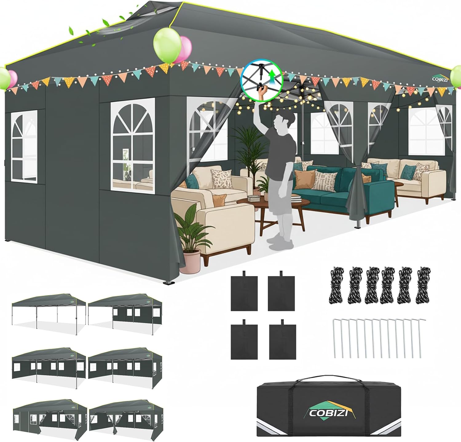 COBIZI 10x20 Pop Up Canopy Tent with 6 Sidewalls One Push Setup Outdoor Commercial Gazebo Waterproof UPF 50+ Party Tent with Carry Bag,Air Vent,Sandbag Tents for Parties,Wedding,Backyard,Gray