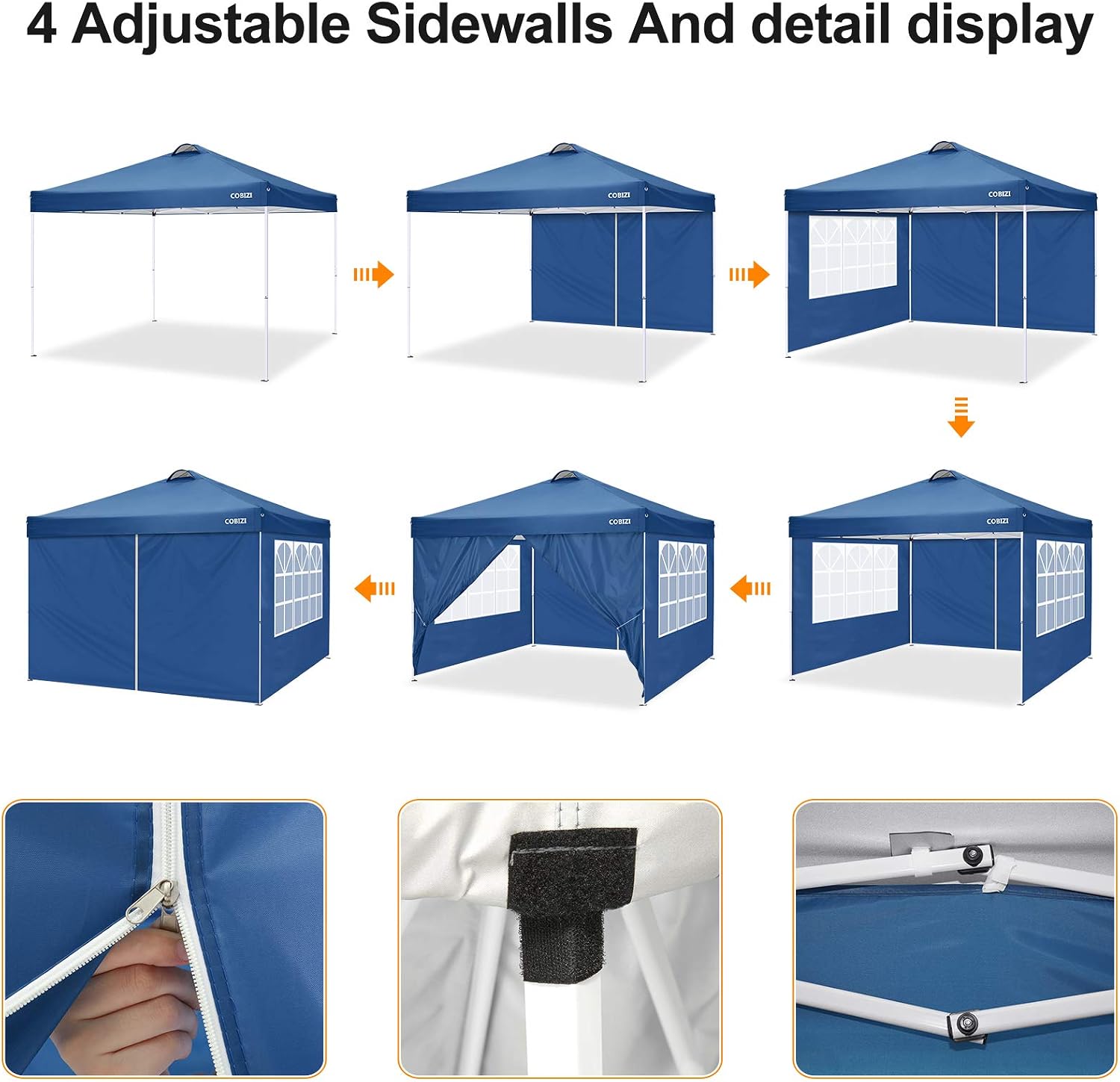 COBlZI 10x10 Pop Up Canopy Tent with 4 Removable Sidewalls，Waterproof Commercial Easy Adjustable Gazebo Tent with Air Vent, 4 Sandbags，4 Stakes & 8 Ropes（Tents for Party/Exhibition,Blue