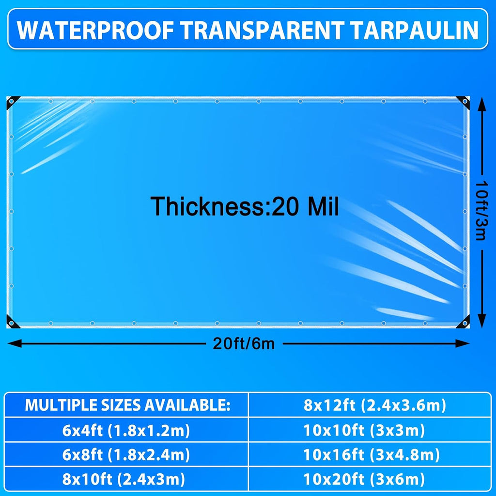 10x20 Ft Clear Tarps Heavy Duty Waterproof, 20mil Clear Vinyl Patio Enclosure, PVC Plastic Transparent Tarpaulin with Grommets for Outdoor Porches, Pavilion Rain Shield, Winter Rainproof Canopy Fabric