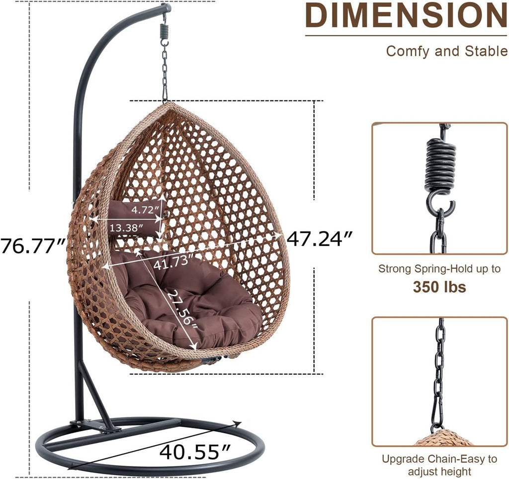 LKTART Egg Swing Chair with Stand Rattan Hanging Egg Chair with Cushions and Pillow Relaxing Chair Foldable Basket & Metal Stand Indoors or Outside 2-btrown