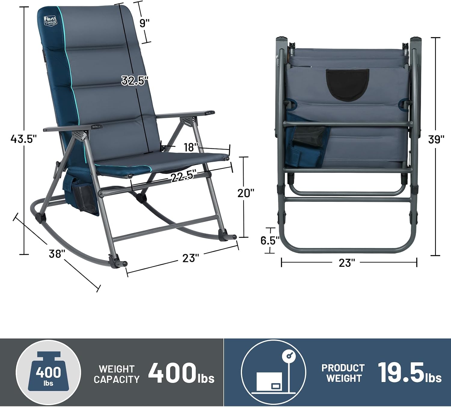 Timber Ridge Oversized Folding Rocking Camping Chair, Padded Outdoor Rocker with High Back, Portable Outdoor Chair for Patio, Garden, Lawn, Supports up to 400 lbs, Blue