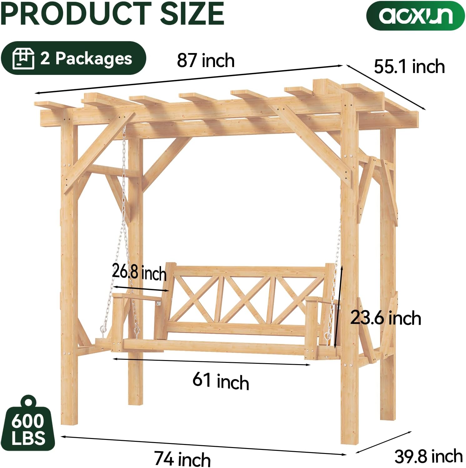 Aoxun Cedar Wood Outdoor Pergola Swing Bench, Porch Swing with Stand, 3-Seat Hammock Patio Swing Set with Canopy，Metal Chains for Backyard, Garden, Natural