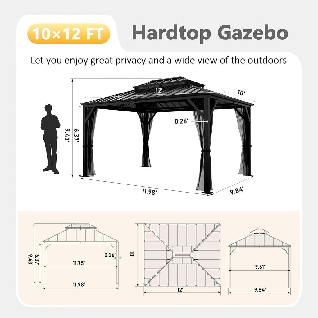 MUPATER Gazebo, 10'x12' Outdoor Gazebo, Patio Structure Shelter with Mosquito Netting, Aluminum Hardtop Pergola for Backyard, Garden, Lawn and Patio, Black