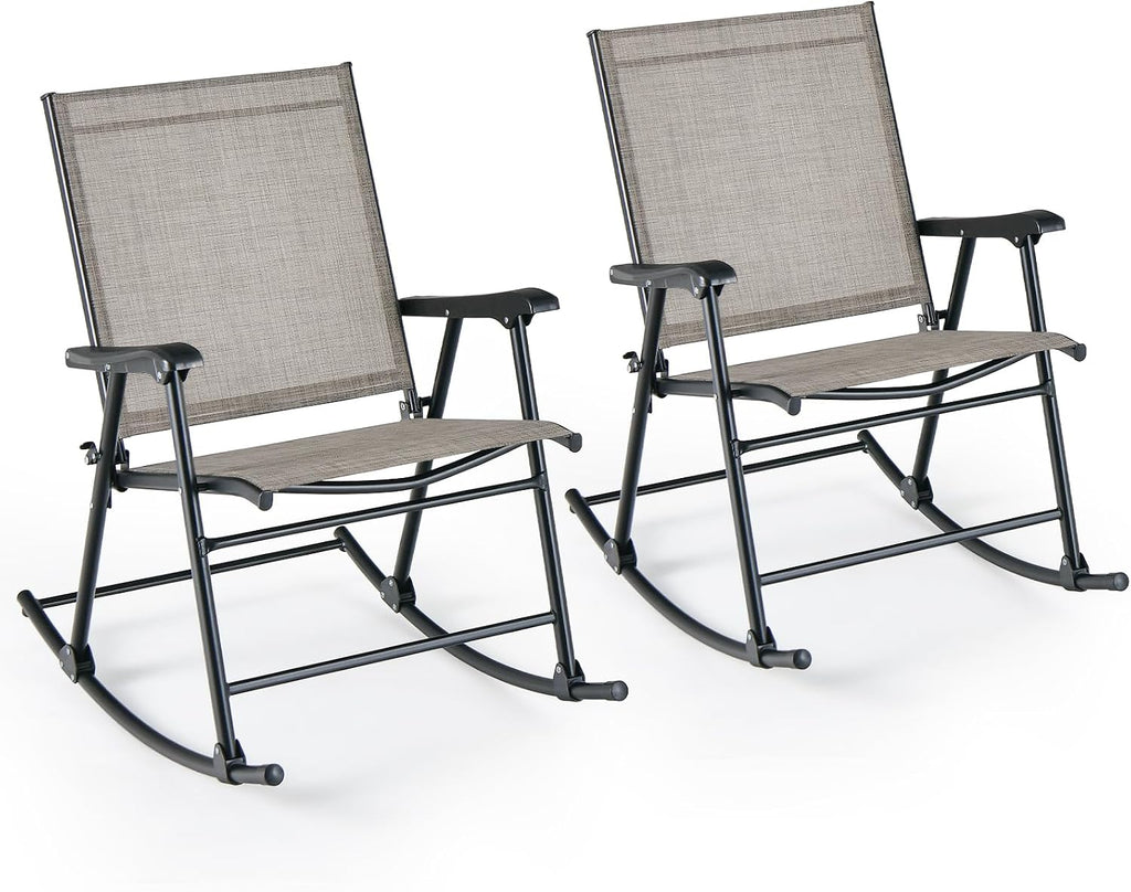 Tangkula Folding Rocking Chairs Set of 2, Patio Rockers with Breathable Seat Fabric & Sturdy Metal Frame, Smooth Rocking Motion, Heavy-Duty Outdoor Rocker for Backyard, Front Porch