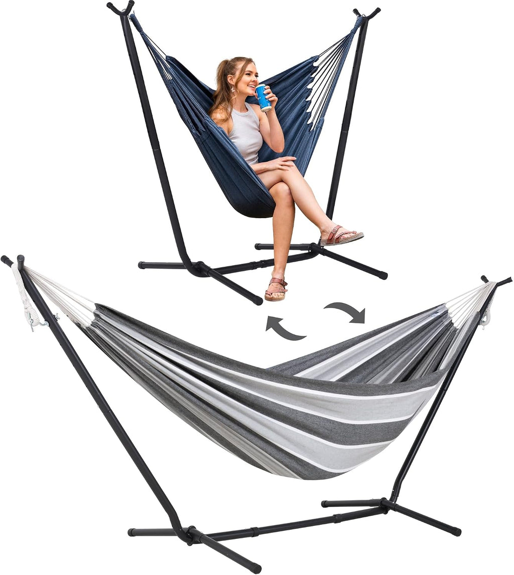 SUNCREAT 2-in-1 Convertible Backyard Fabric Hammock with Stand, Large Hammocks for Outside, Light Gray & Dark Gray