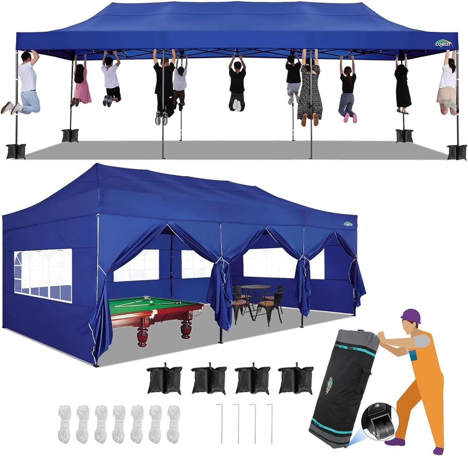 COBIZI 10x30 Pop up Canopy with 8 Removeable Sidewalls, Heavy Duty Party Tents for Parties, Events and Weddings, UPF 50+ Waterproof Commercial Tent with Roller Bag, Dark Blue (Windproof Upgraded)