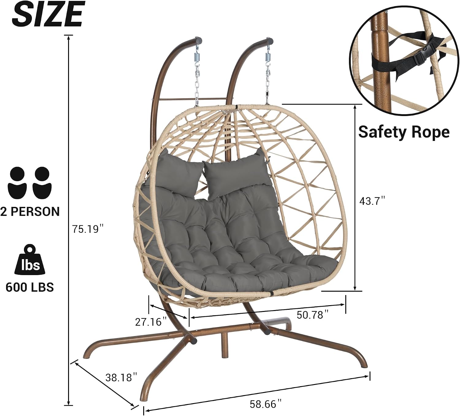 JOYBASE Double Swing Egg Chair with Stand, 2-Person Hanging Egg Chair Wicker Rattan Oversized Swinging Chair for Outdoor Indoor Garden Patio (Dark Grey Cushion and Beige Rattan)