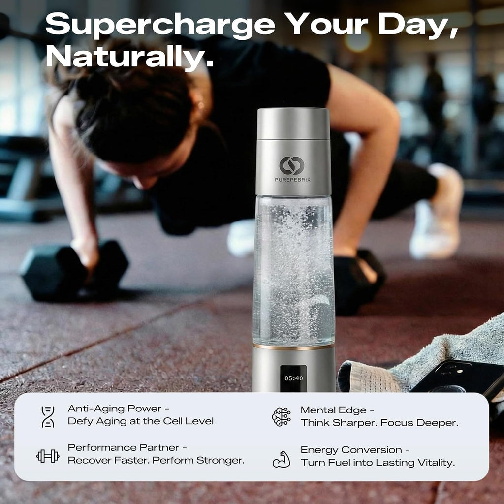 PUREPEBRIX Hydrogen Water Bottle - IHSA Certified 6400 PPB Portable Hydrogen Water Maker - Health Gift for Parents, Molecular Hydrogen Water (Silver)