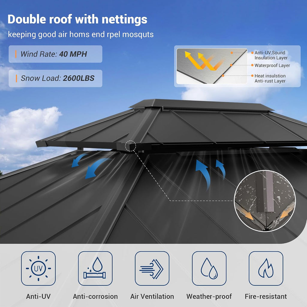 Amopatio 10' X 12' Hardtop Gazebo, Aluminum Gazebo with Double Galvanized Steel Roof, Curtains and Netting Included,Outdoor Metal Pergola for Patios, Garden, Parties, Lawns（Blue
