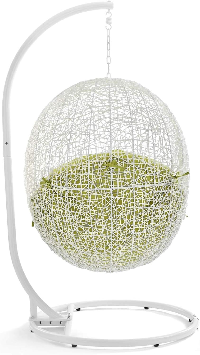 Modway Hide Wicker Rattan Outdoor Patio Porch Lounge Egg Swing Chair Set with Stand in White Peridot