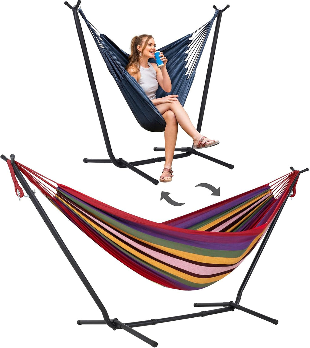 SUNCREAT 2-in-1 Convertible Backyard Fabric Hammock with Stand, Large Hammocks for Outside, Red Stripes