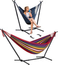 SUNCREAT 2-in-1 Convertible Backyard Fabric Hammock with Stand, Large Hammocks for Outside, Red Stripes