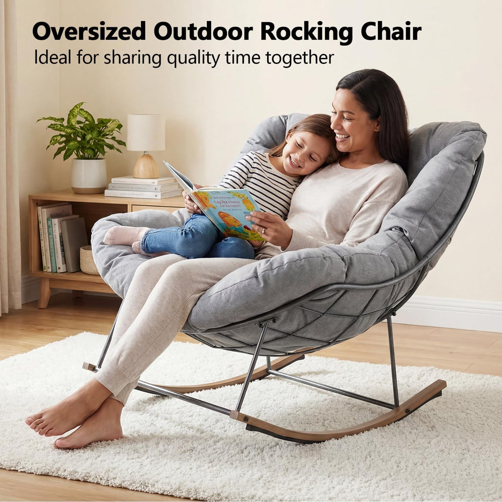 Outdoor Rocking Chair, 400 lbs Sturdy Frame with Thick Cushion,Patio Papasan Chair for Bedroom, Living Room, Porch, Garden(Grey)