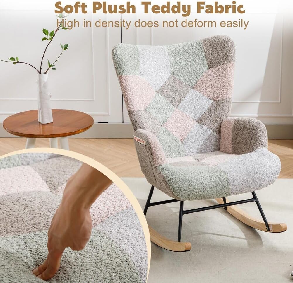 Nursery Rocking Chair Teddy Upholstered Glider Rocker Rocking Accent Chair with High Backrest Armchair Comfy Side Chair for Living Room, Bedroom, Offices (Brouce)