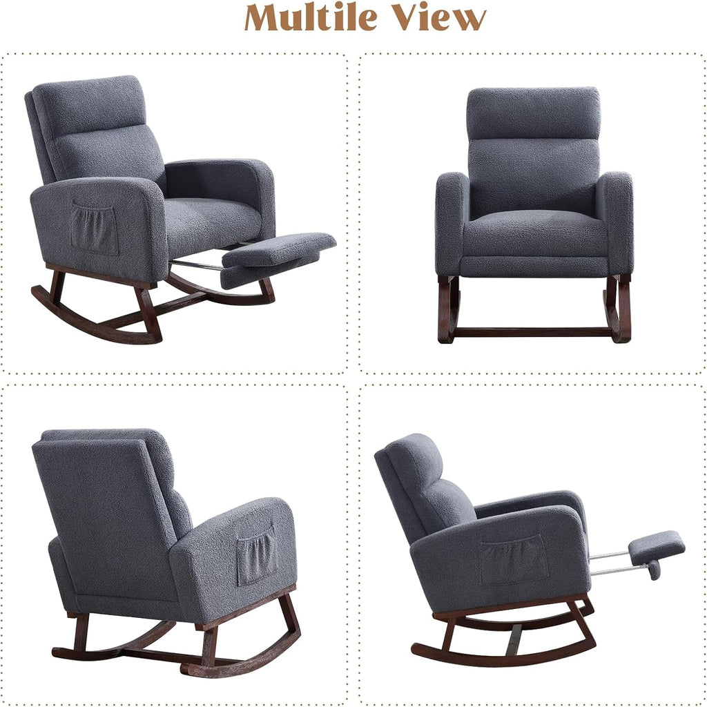 HCHAIRH Rocking Chair Nursery with Foot Rest, Teddy Nursing Rocking Chairs for Mom Breastfeeding, Rocker Glider Chair with High Backrest for Living Room, Bedroom, Blue Grey