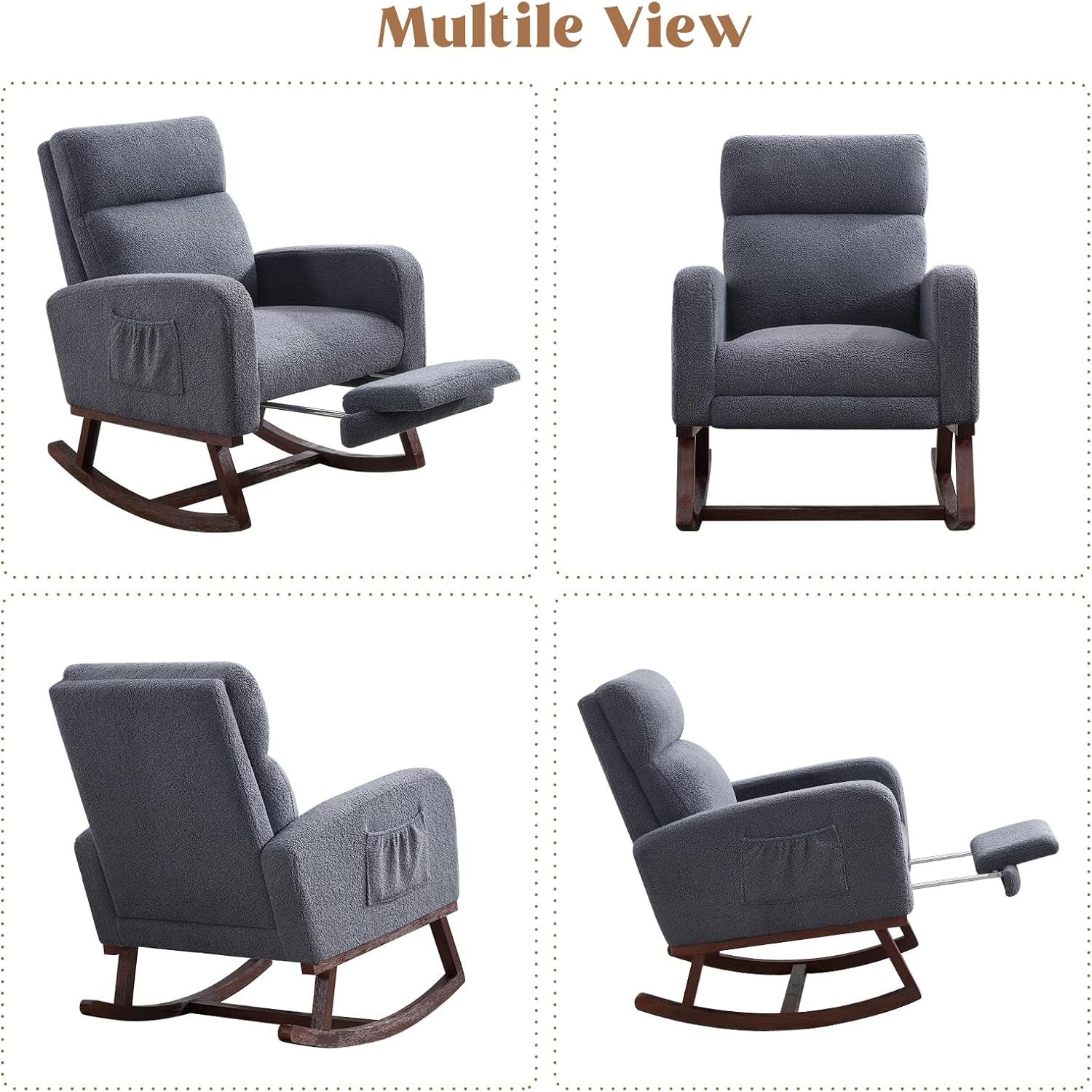 HCHAIRH Rocking Chair Nursery with Foot Rest, Teddy Nursing Rocking Chairs for Mom Breastfeeding, Rocker Glider Chair with High Backrest for Living Room, Bedroom, Blue Grey
