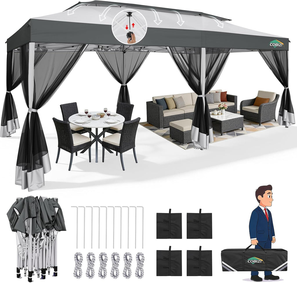 COBIZI 10x20 Pop Up Gazebo with Mosquito Netting Sidewalls, One Push Easy Up Canopy with Dual Vent Roof, Waterproof&UV 50+ Screen Tents for Parties, Backyard, Patio, Commercial Event, Light Gray&Gray