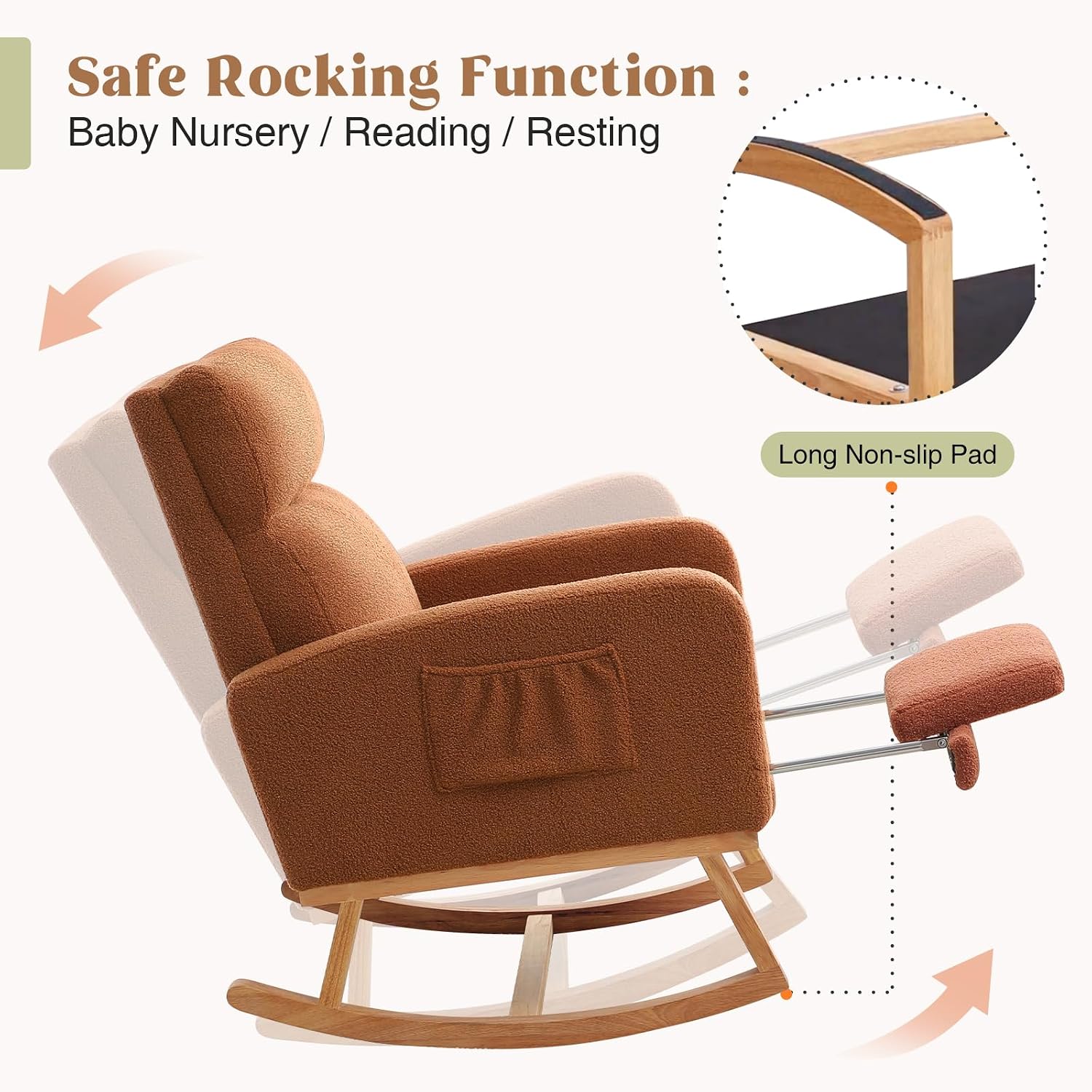 HCHAIRH Rocking Chair Nursery with Foot Rest, Nursing Rocking Chairs for Mom Nursery, Teddy Rocker Glider with High Backrest for Living Room, Bedroom, Brown