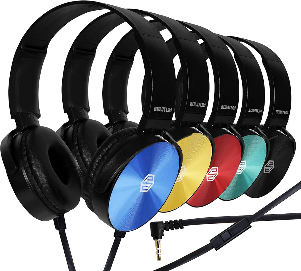 Classroom Headphones-Bulk 25-Pack, with Microphone Student On Ear Comfy Swivel Earphones for Library, School, Airplane, Kids-for Online Learning and Travel, HQ Stereo Sound 3.5mm Jack (Colored Set)