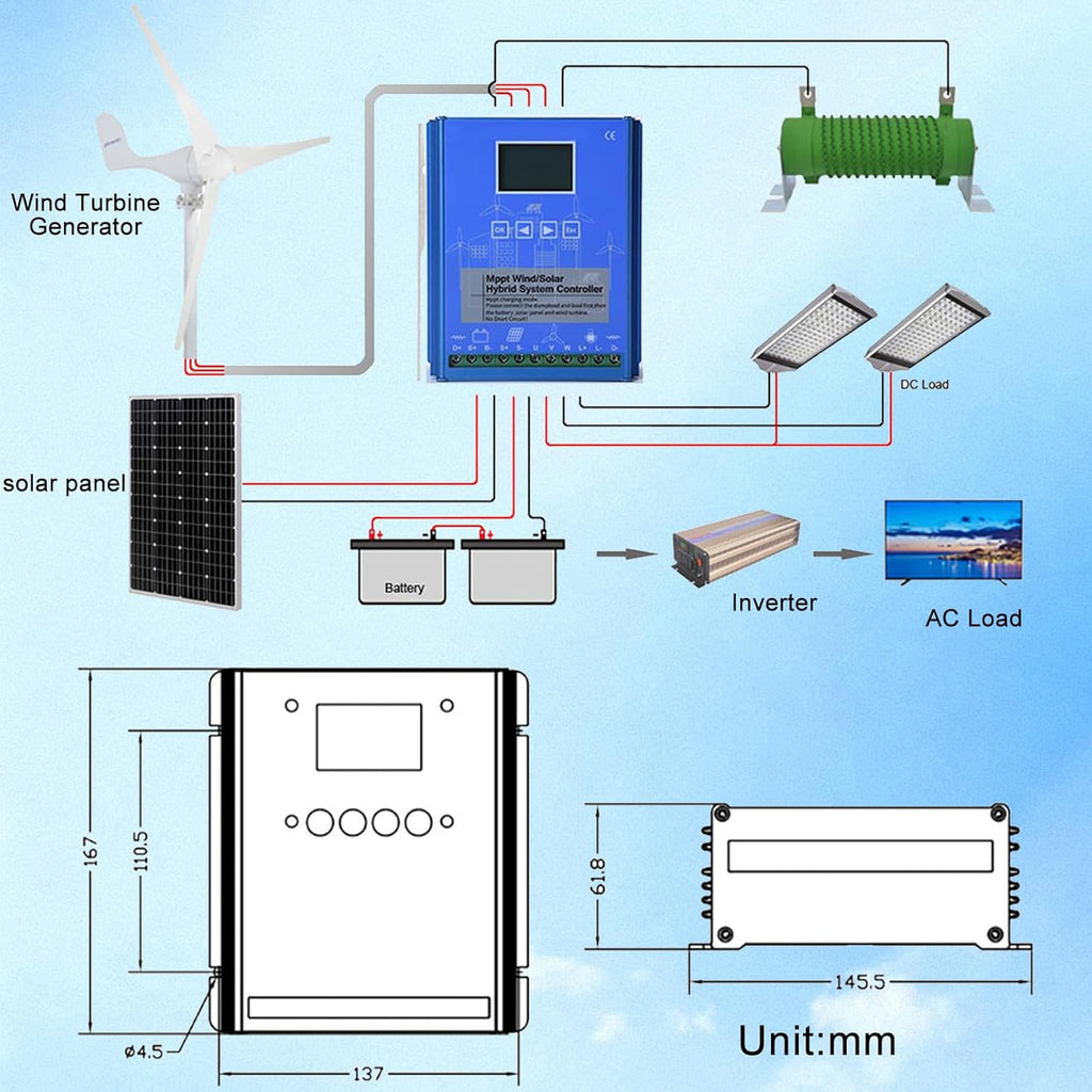 15000W Wind Solar Hybrid Charge Controller - 24V/48V Auto, MPPT Boost Charge Regulator with LCD Display and Dump Load ,24V/48V