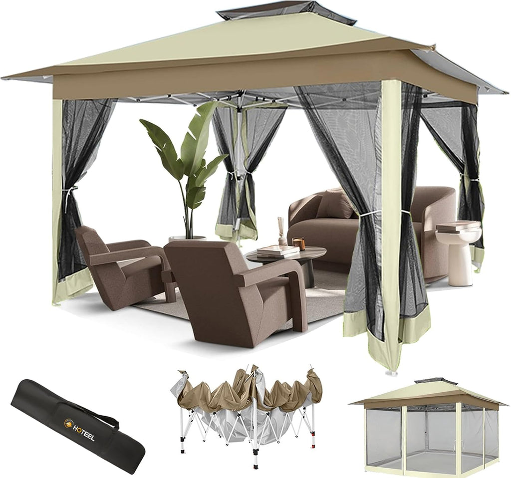 HOTEEL 13x13 Pop Up Gazebo Canopy Tent - Easy Up Outdoor Waterproof Portable Gazebo With Mosquito Nettings, Double Vented Roof and Carry Bag for Patio Garden Lawn (Khaki)